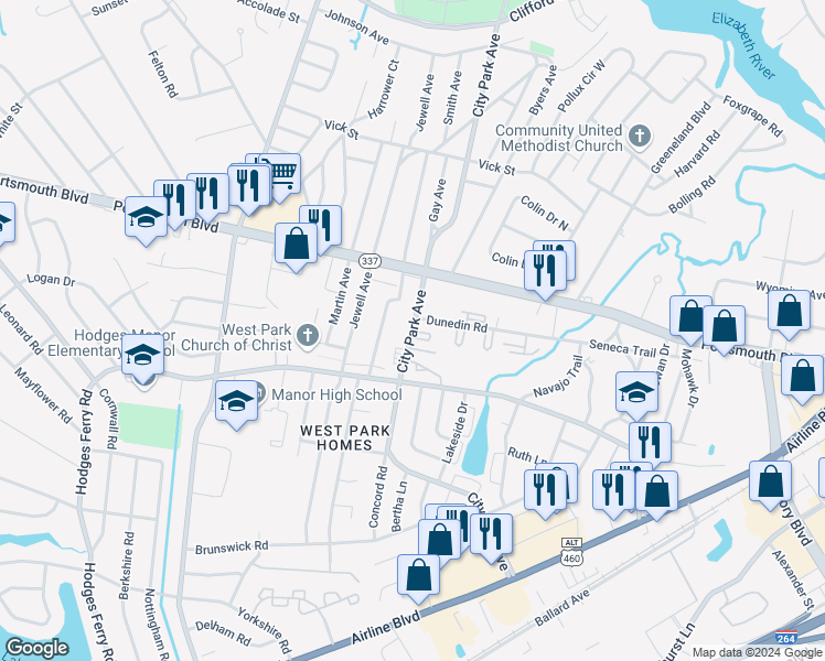 map of restaurants, bars, coffee shops, grocery stores, and more near 1029 City Park Avenue in Portsmouth