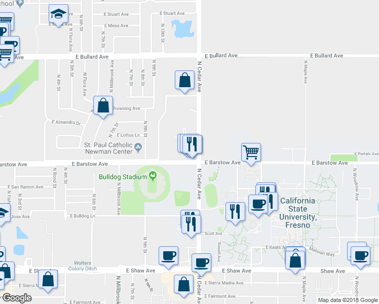 map of restaurants, bars, coffee shops, grocery stores, and more near 1772 E Barstow Ave in Fresno