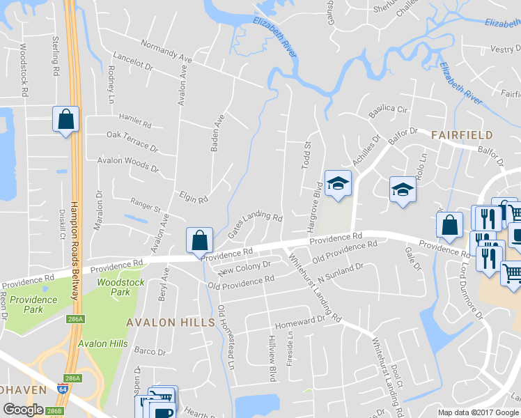 map of restaurants, bars, coffee shops, grocery stores, and more near 5532 Gates Landing Road in Virginia Beach