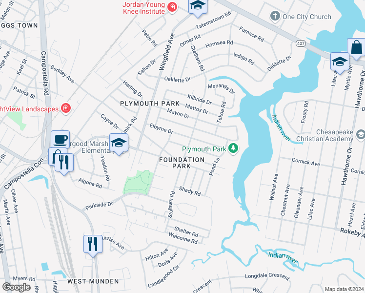 map of restaurants, bars, coffee shops, grocery stores, and more near 220 Velva Drive in Chesapeake