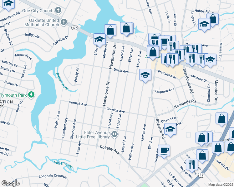 map of restaurants, bars, coffee shops, grocery stores, and more near 1302 Hazel Avenue in Chesapeake