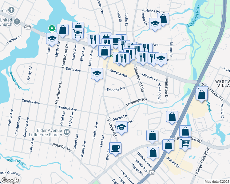 map of restaurants, bars, coffee shops, grocery stores, and more near 4308 Emporia Avenue in Chesapeake