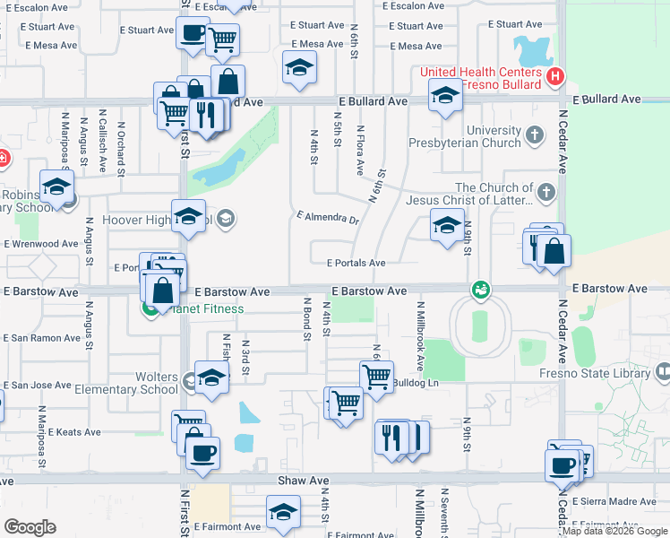 map of restaurants, bars, coffee shops, grocery stores, and more near 1338 East Barstow Avenue in Fresno
