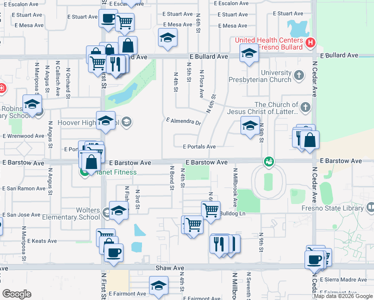 map of restaurants, bars, coffee shops, grocery stores, and more near 1338 East Barstow Avenue in Fresno