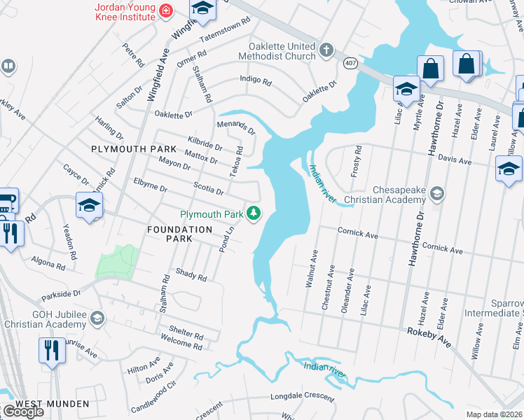 map of restaurants, bars, coffee shops, grocery stores, and more near 4006 Scotia Drive in Chesapeake