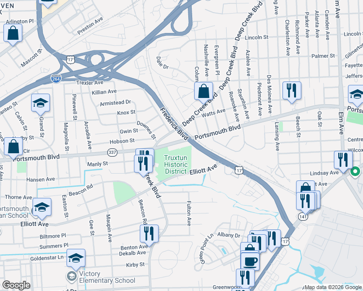 map of restaurants, bars, coffee shops, grocery stores, and more near 2213 Portsmouth Boulevard in Portsmouth