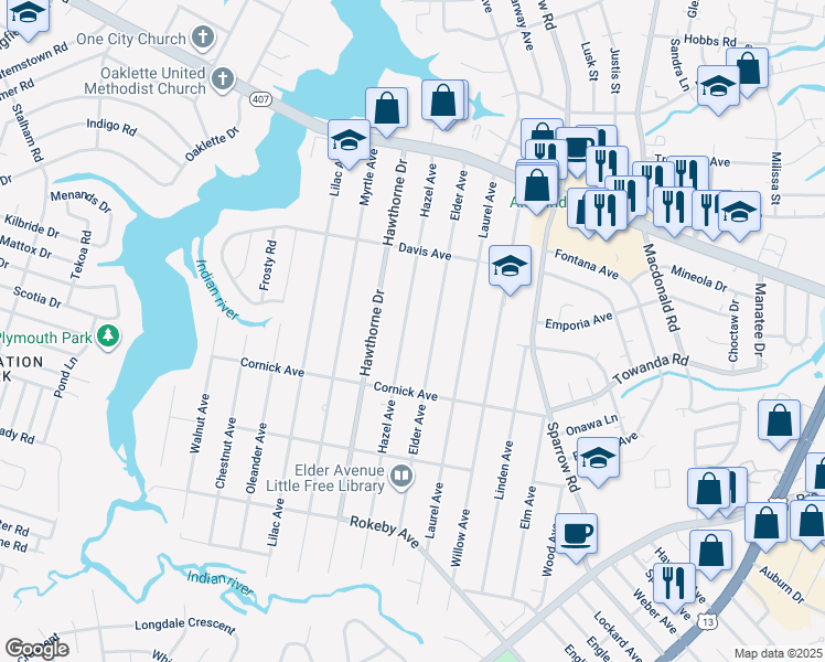map of restaurants, bars, coffee shops, grocery stores, and more near 1302 Hazel Avenue in Chesapeake