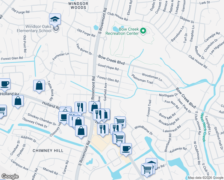 map of restaurants, bars, coffee shops, grocery stores, and more near 3509 Champlain Lane in Virginia Beach