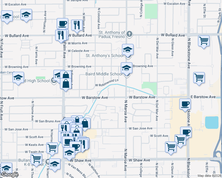 map of restaurants, bars, coffee shops, grocery stores, and more near 538 West Barstow Avenue in Fresno