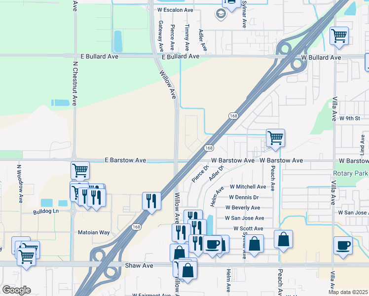 map of restaurants, bars, coffee shops, grocery stores, and more near 1108 Pierce Drive in Clovis