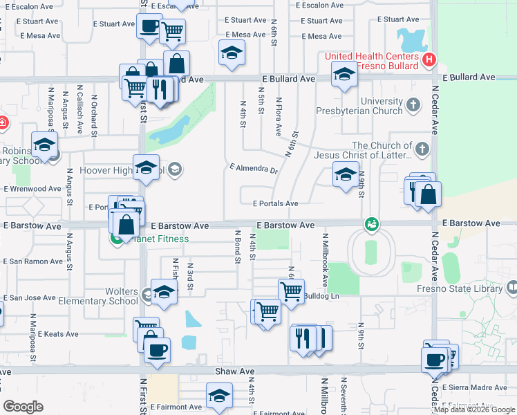 map of restaurants, bars, coffee shops, grocery stores, and more near 1338 East Barstow Avenue in Fresno