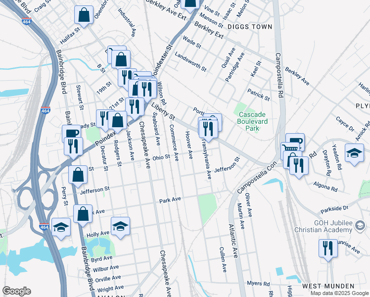map of restaurants, bars, coffee shops, grocery stores, and more near 1146 Hoover Avenue in Chesapeake