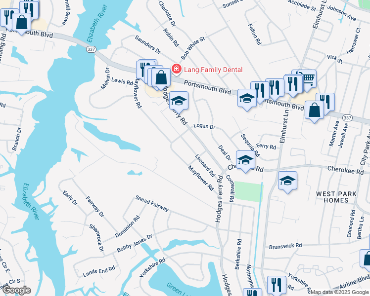 map of restaurants, bars, coffee shops, grocery stores, and more near 206 Leonard Road in Portsmouth