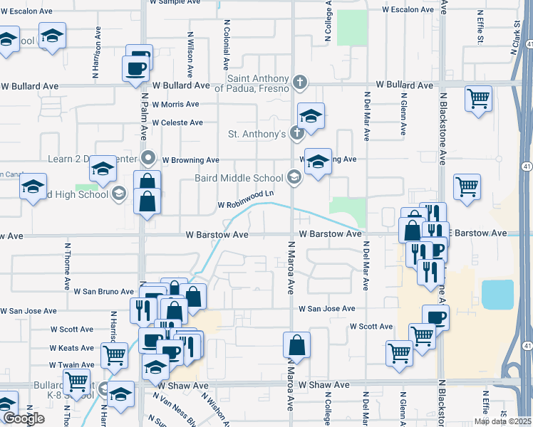 map of restaurants, bars, coffee shops, grocery stores, and more near 470 West Barstow Avenue in Fresno