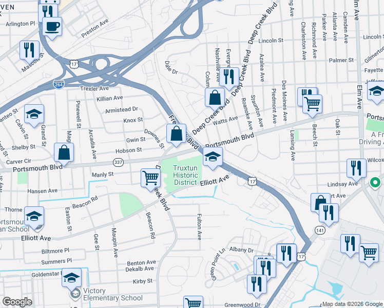 map of restaurants, bars, coffee shops, grocery stores, and more near 2213 Portsmouth Boulevard in Portsmouth