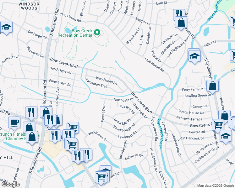 map of restaurants, bars, coffee shops, grocery stores, and more near 3325 Plainsman Trail in Virginia Beach