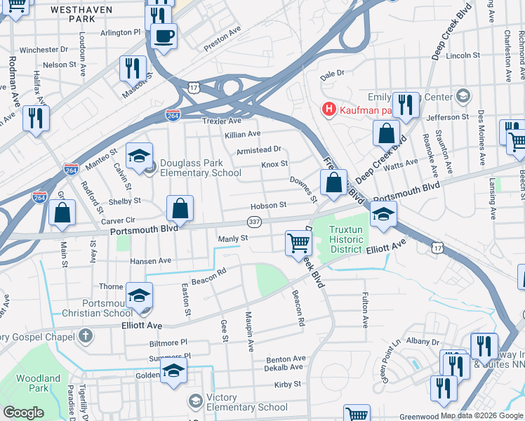 map of restaurants, bars, coffee shops, grocery stores, and more near 2611 Portsmouth Boulevard in Portsmouth