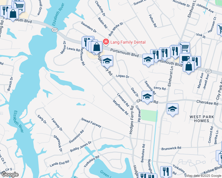 map of restaurants, bars, coffee shops, grocery stores, and more near 206 Leonard Road in Portsmouth