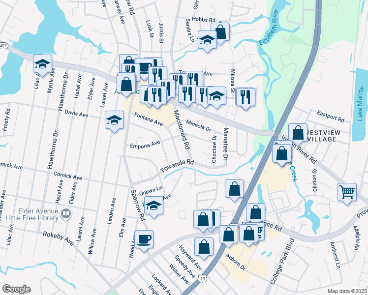 map of restaurants, bars, coffee shops, grocery stores, and more near 1204 Macdonald Road in Chesapeake