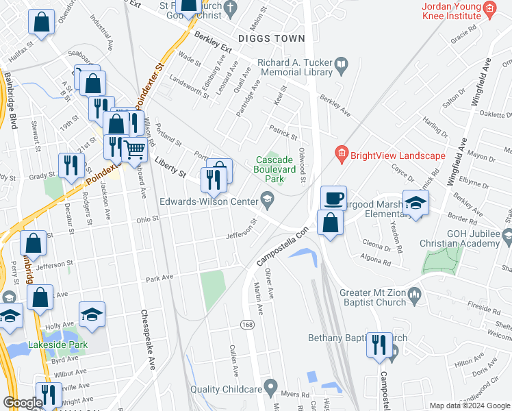 map of restaurants, bars, coffee shops, grocery stores, and more near 2009 Liberty Street in Chesapeake