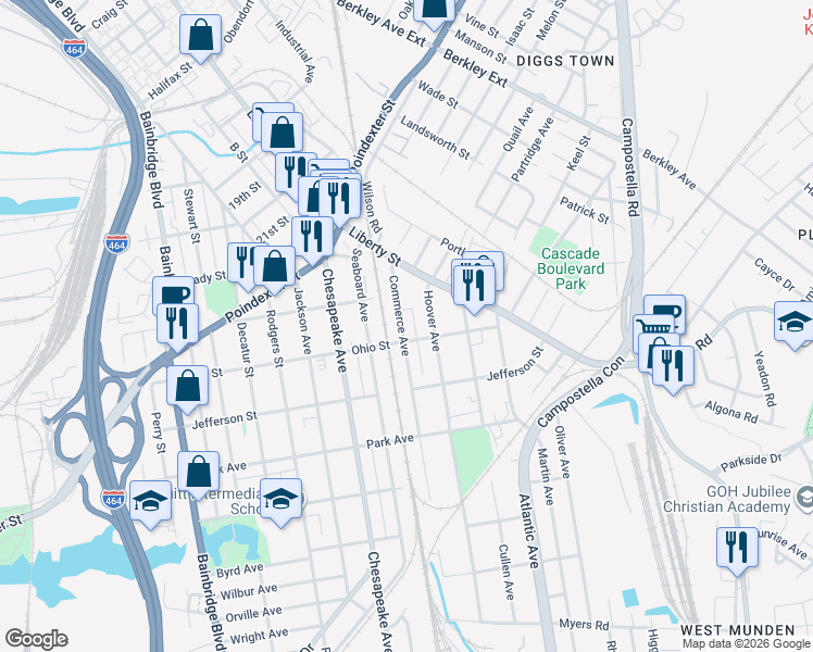map of restaurants, bars, coffee shops, grocery stores, and more near 1163 Commerce Avenue in Chesapeake