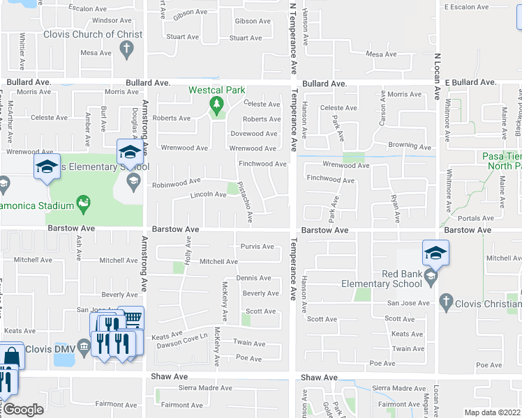 map of restaurants, bars, coffee shops, grocery stores, and more near 1148 Arroyo Avenue in Clovis