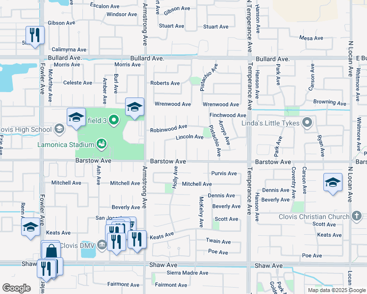 map of restaurants, bars, coffee shops, grocery stores, and more near 1191 Holly Avenue in Clovis