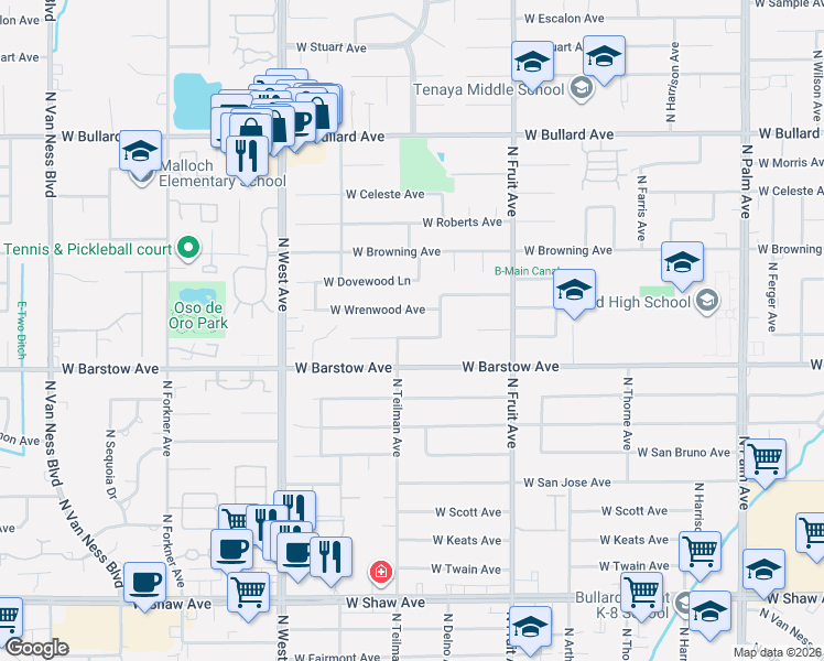 map of restaurants, bars, coffee shops, grocery stores, and more near 1586 West Barstow Avenue in Fresno