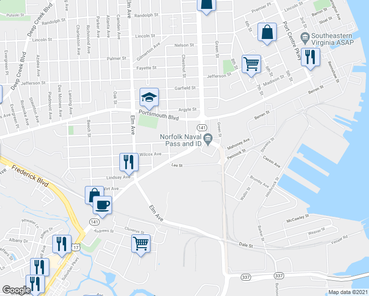 map of restaurants, bars, coffee shops, grocery stores, and more near 905 Wilcox Avenue in Portsmouth