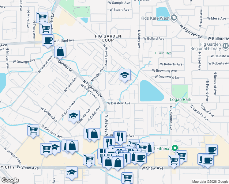 map of restaurants, bars, coffee shops, grocery stores, and more near 3700 West Barstow Avenue in Fresno