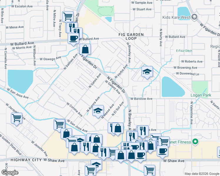 map of restaurants, bars, coffee shops, grocery stores, and more near 5436 North Sunrise Avenue in Fresno