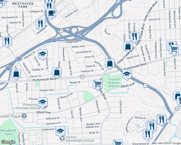 map of restaurants, bars, coffee shops, grocery stores, and more near 2507 Portsmouth Boulevard in Portsmouth