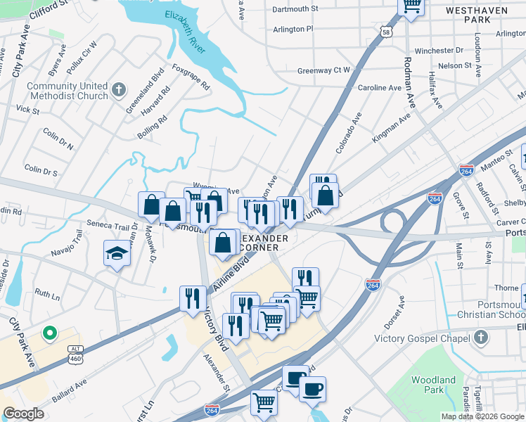 map of restaurants, bars, coffee shops, grocery stores, and more near 2494 Airline Boulevard in Portsmouth