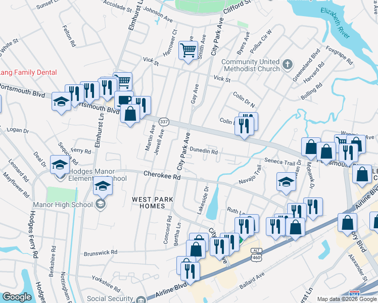 map of restaurants, bars, coffee shops, grocery stores, and more near 1027 City Park Avenue in Portsmouth