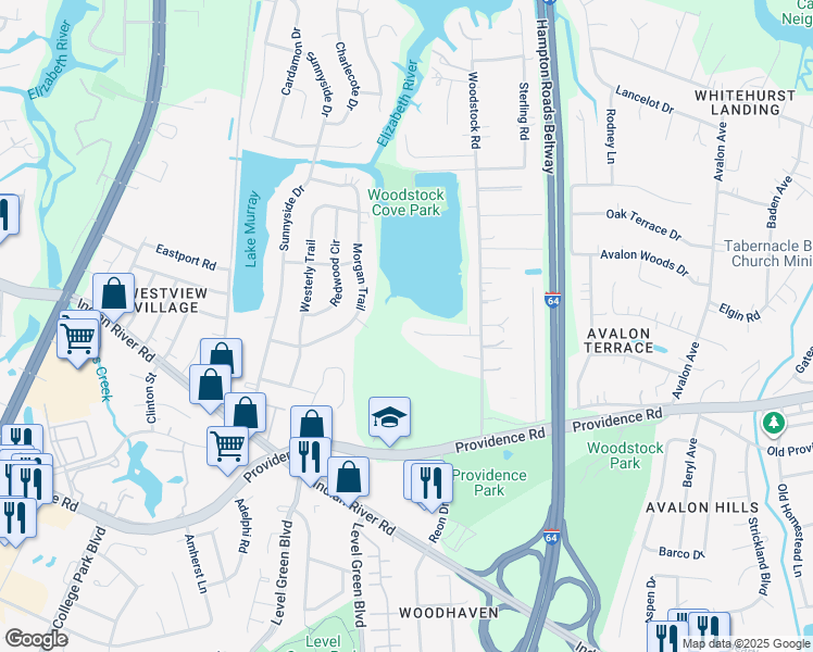 map of restaurants, bars, coffee shops, grocery stores, and more near 5936 Woodstock Court in Virginia Beach