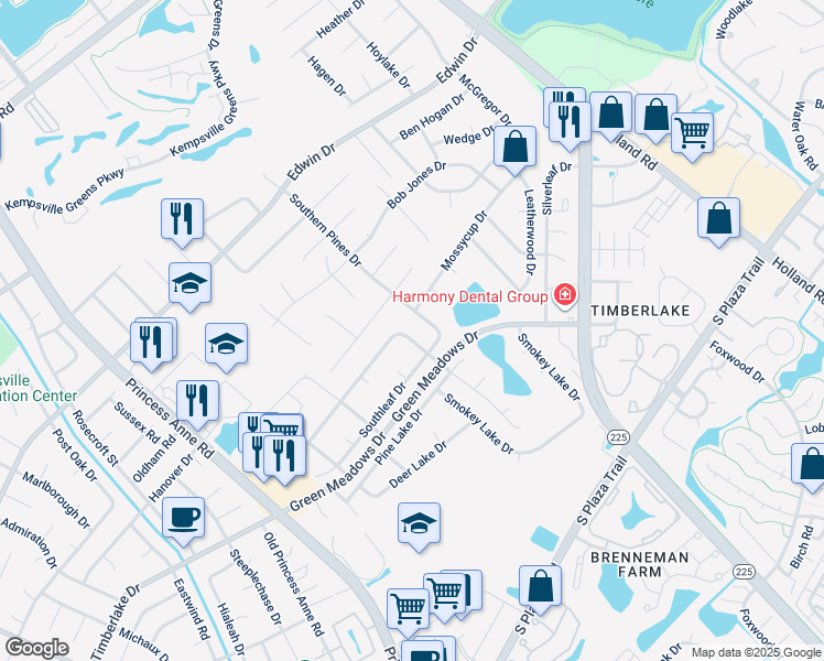 map of restaurants, bars, coffee shops, grocery stores, and more near 713 Pinebrook Drive in Virginia Beach