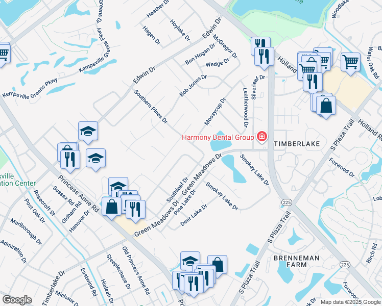 map of restaurants, bars, coffee shops, grocery stores, and more near 713 Pinebrook Drive in Virginia Beach
