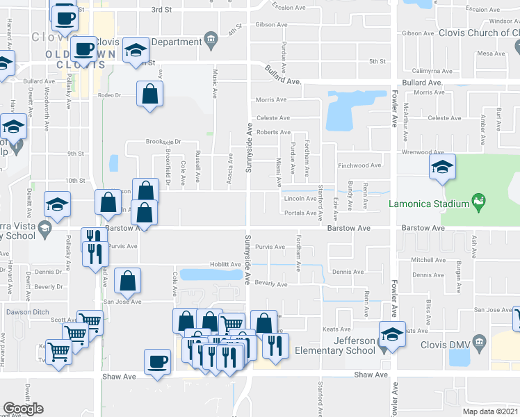 map of restaurants, bars, coffee shops, grocery stores, and more near 1074 Carey Avenue in Clovis