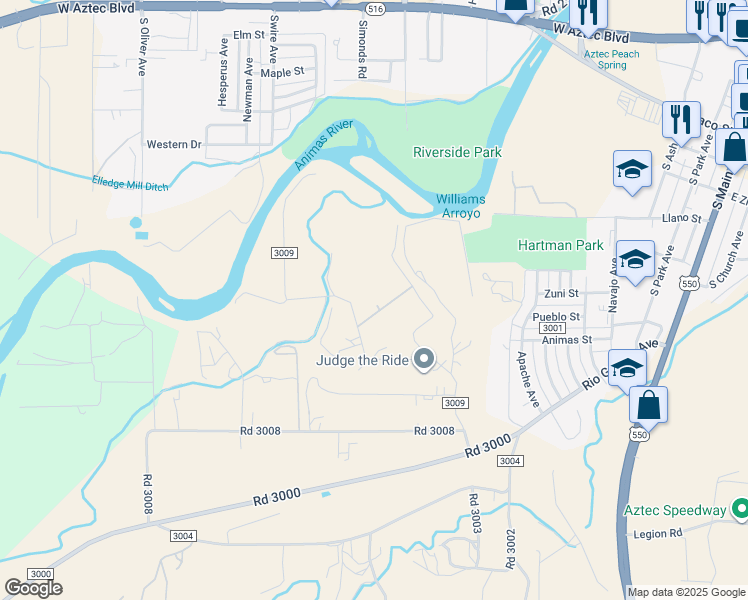 map of restaurants, bars, coffee shops, grocery stores, and more near 52 County Road 3009 in Aztec