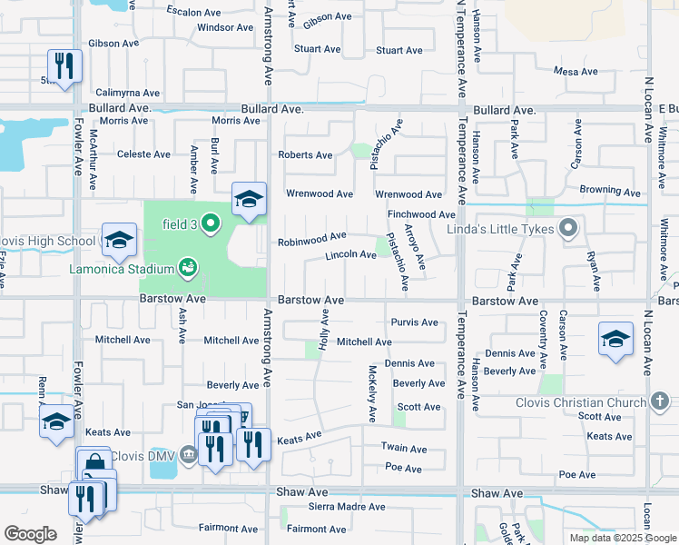 map of restaurants, bars, coffee shops, grocery stores, and more near 1191 Holly Avenue in Clovis