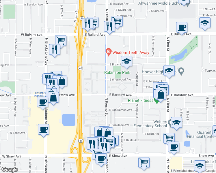 map of restaurants, bars, coffee shops, grocery stores, and more near 5462 North Fresno Street in Fresno