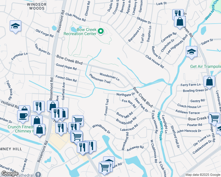 map of restaurants, bars, coffee shops, grocery stores, and more near 824 Plainsman Court in Virginia Beach