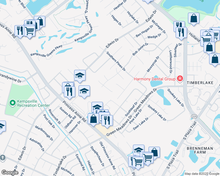 map of restaurants, bars, coffee shops, grocery stores, and more near 4608 Tony Lema Lane in Virginia Beach