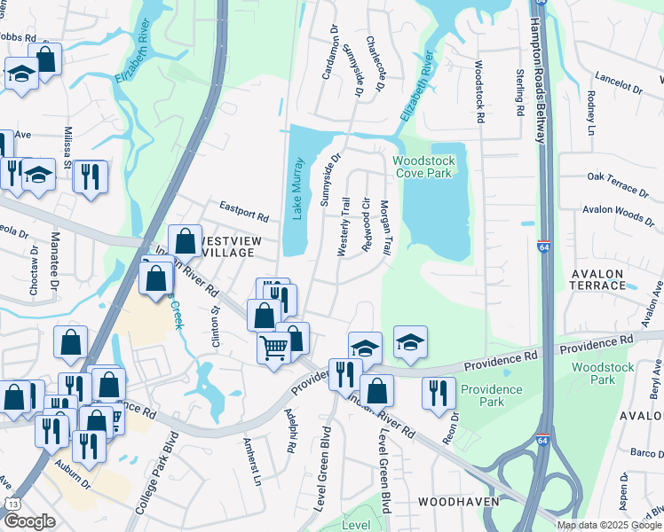 map of restaurants, bars, coffee shops, grocery stores, and more near 909 Westerly Trail in Virginia Beach