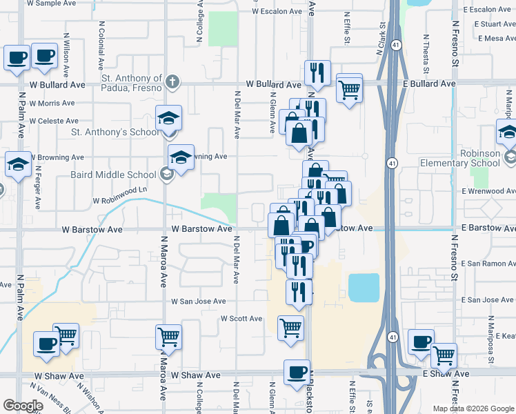 map of restaurants, bars, coffee shops, grocery stores, and more near 130 West Barstow Avenue in Fresno