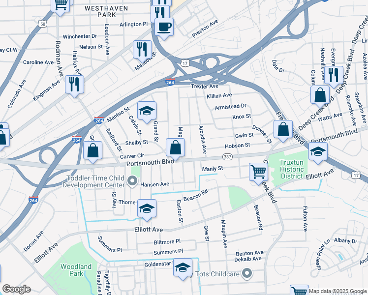 map of restaurants, bars, coffee shops, grocery stores, and more near 2809 Magnolia Street in Portsmouth