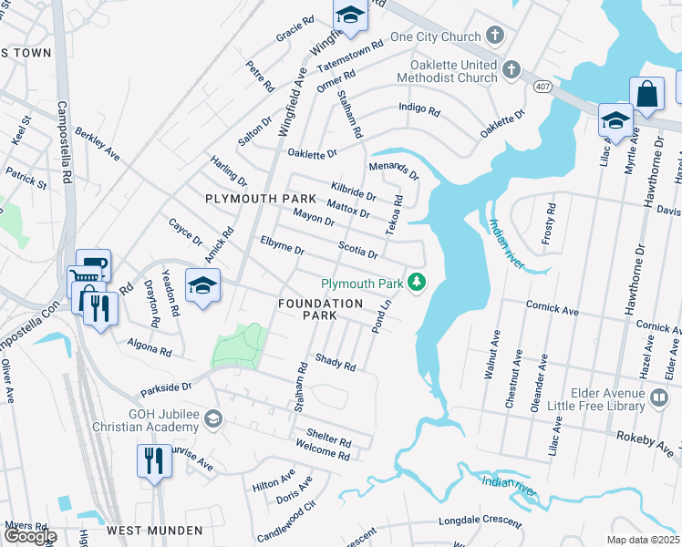 map of restaurants, bars, coffee shops, grocery stores, and more near 2927 Elbyrne Drive in Chesapeake
