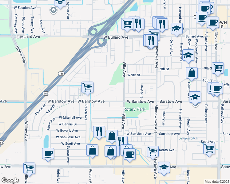 map of restaurants, bars, coffee shops, grocery stores, and more near 287 W Barstow Ave in Clovis