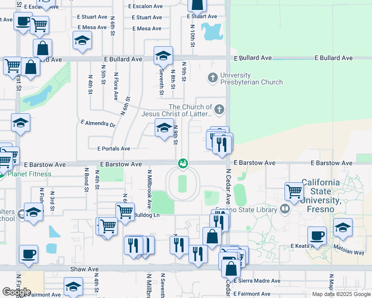 map of restaurants, bars, coffee shops, grocery stores, and more near 5494 North 9th Street in Fresno