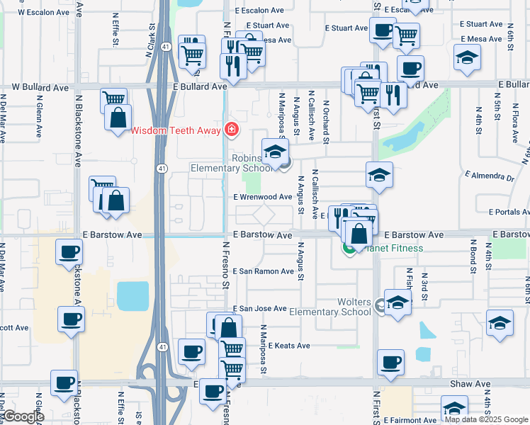 map of restaurants, bars, coffee shops, grocery stores, and more near 69 East Wrenwood Avenue in Fresno